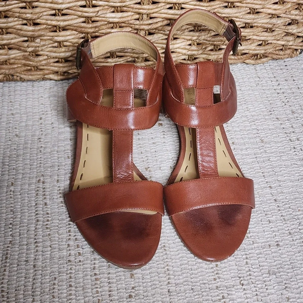 Nine West Voodoo Leather Sandal‎ Brown Tan 7M Wedge Heel Summer Open Toe Ankle